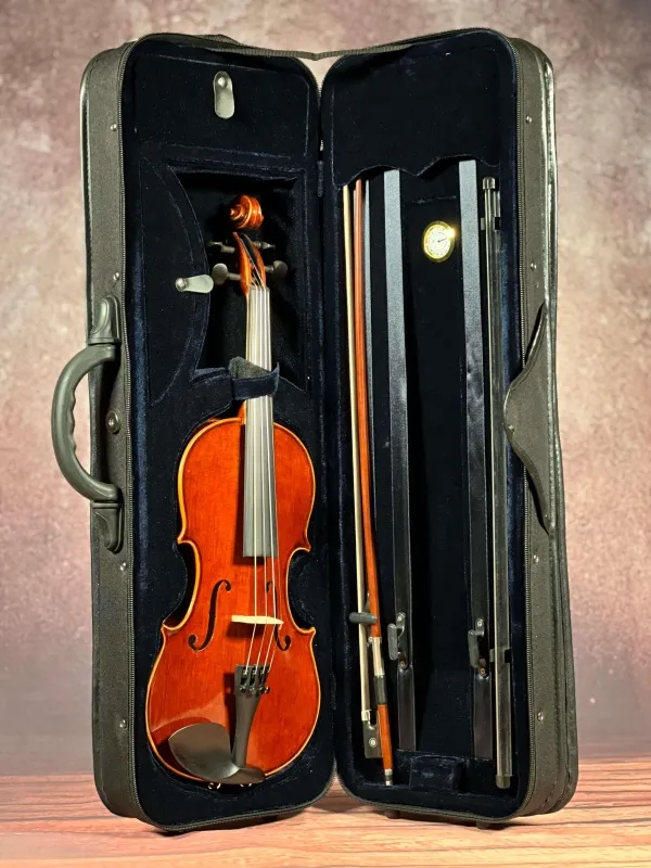 Set-Detailansicht eines Reghino 1/2 Violin Set, Geige mit Bogen, Etui und Kolofonium