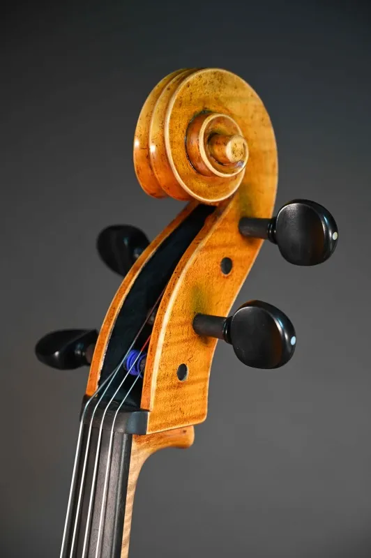Schneckeansicht-vorne-seitlich eines Stoica Alin Meister Cello Handarbeit aus Siebenbürgen 2023