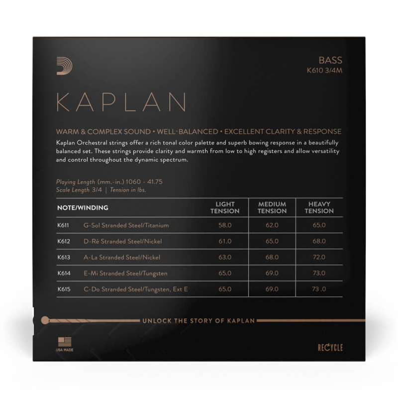 Preview: D´Addario KAPLAN 3/4 Kontrabass Medium Saiten SATZ_Stärke-Tabelle