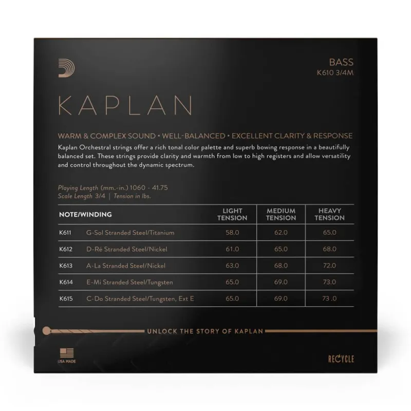 D´Addario KAPLAN 3/4 Kontrabass Medium Saiten SATZ_Stärke-Tabelle