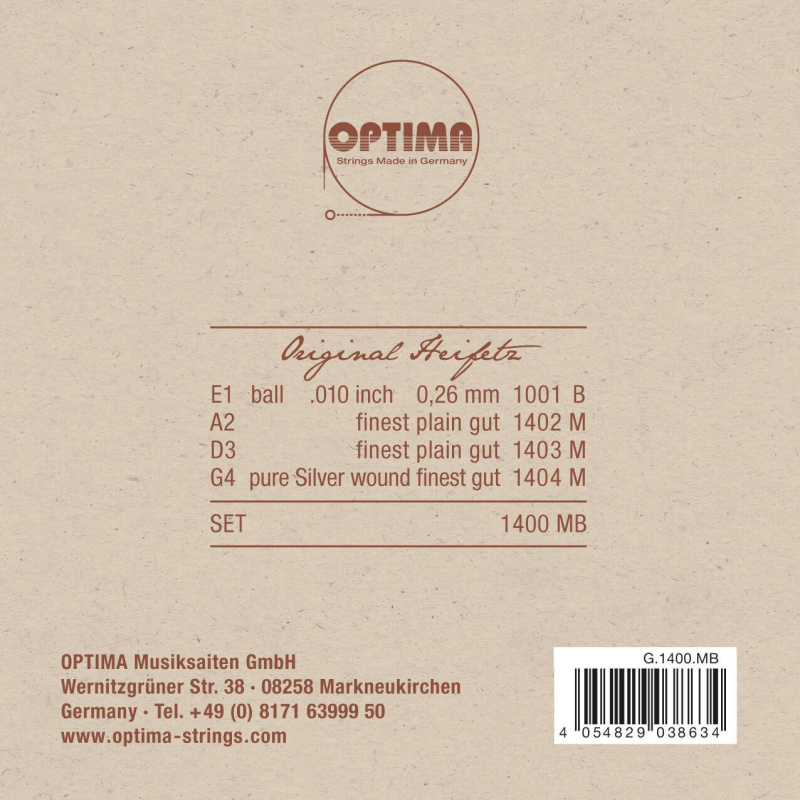 Preview: Verpackung Rueckseite OPTIMA Original GutKlang 4/4 Geige (Violin) Saiten SATZ, E-Kugel, Medium