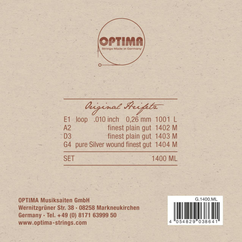 Preview: Verpackung Rueckseite OPTIMA Original GutKlang 4/4 Geige (Violin) Saiten SATZ, E-Schlinge, Medium
