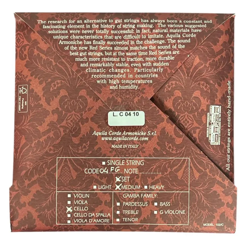 Aquila FG-Red Cello Saitensatz 04FG – synthetisch, Medium Tension - Verpackung Rückseite