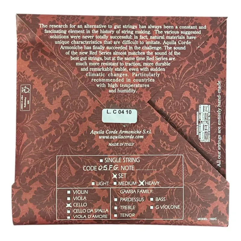 Aquila FG-Red Cello Saitensatz 05FG – synthetisch, Superior Tension - Verpackung Rückseite