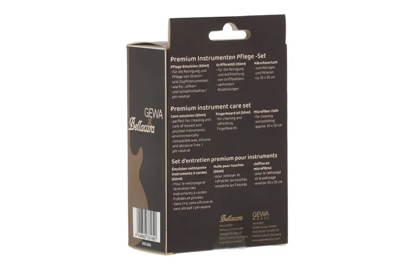 Inhalt Bellacura GEWA Pflegeset: Pflege-Emulsion, Griffbrettöl und Mikrofasertuch - Verpackungansicht von hinten