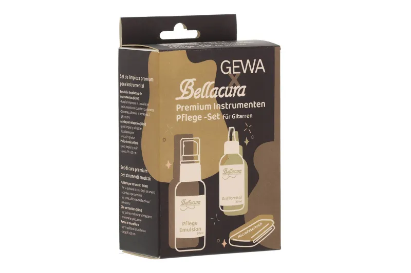 Inhalt Bellacura GEWA Pflegeset: Pflege-Emulsion, Griffbrettöl und Mikrofasertuch - Verpackungansicht von vorne