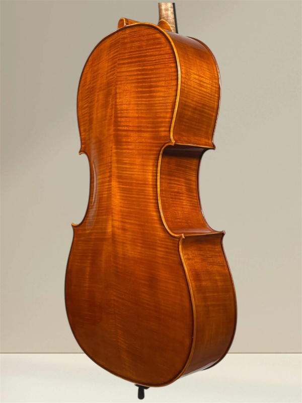 Preview: Bucur Ioan linkshänder 4/4 Cello (Violoncello) Stradivarius Modell, Boden-Zargenansicht