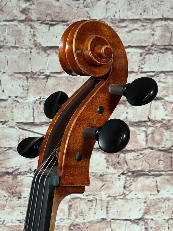 Schnecke-vorne-seitlich-Detailansicht eines Györke Francisc \"di Bottega\" Orchester Cello (Violoncello) Handarbeit 2018