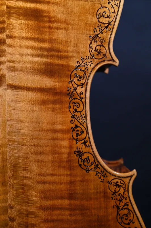 Bodenansicht an der C-Kante eines Kalas Csaba 4/4 Meister Cello (Violoncello) nach Stradivarius Handarbeit 2022