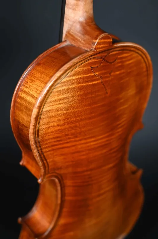 Back-oben-Detailansicht einer Bucur Ioan Geige (Violine) Modell Maggini, Handarbeit 2019