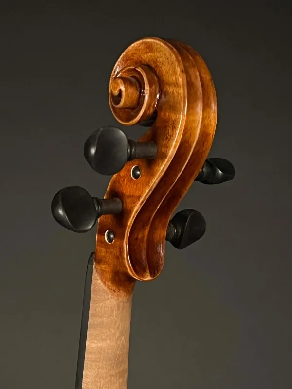 Schnecke-hinten-seitlich-Detailansicht einer Butiu Cornel \"die Bottega\" Geige (Violine) Handarbeit 2022
