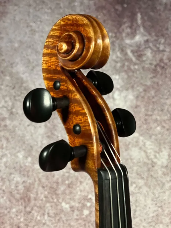 Schnecke-vorne-seitlich-Detailansicht einer Györke Francisc Konzert Geige (Violine) Handarbeit 2020