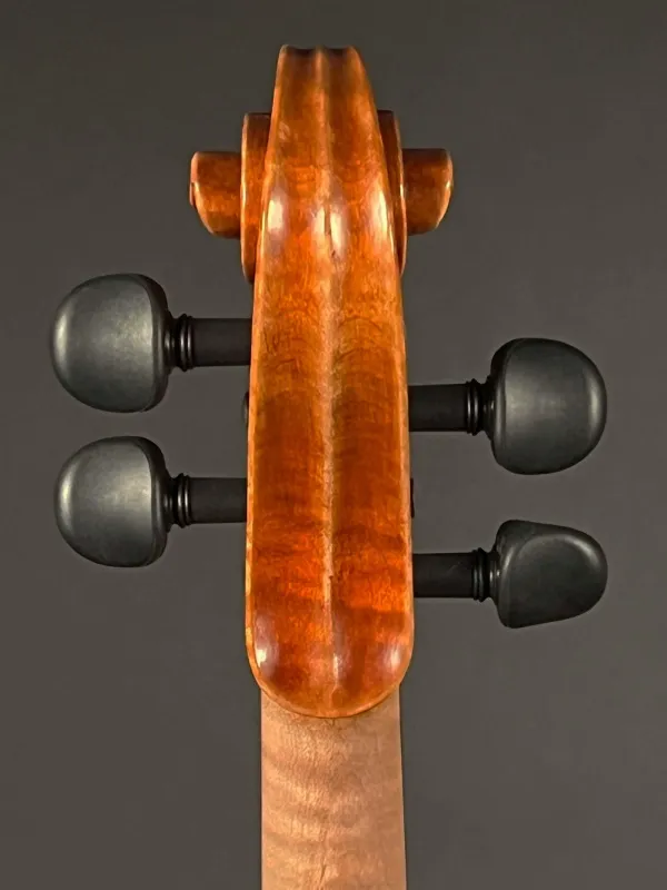 Schnecke-hinten-Detailansicht einer Pop Dumitru 4/4 \"di Bottega\" Geige (Violine) Handarbeit 2018
