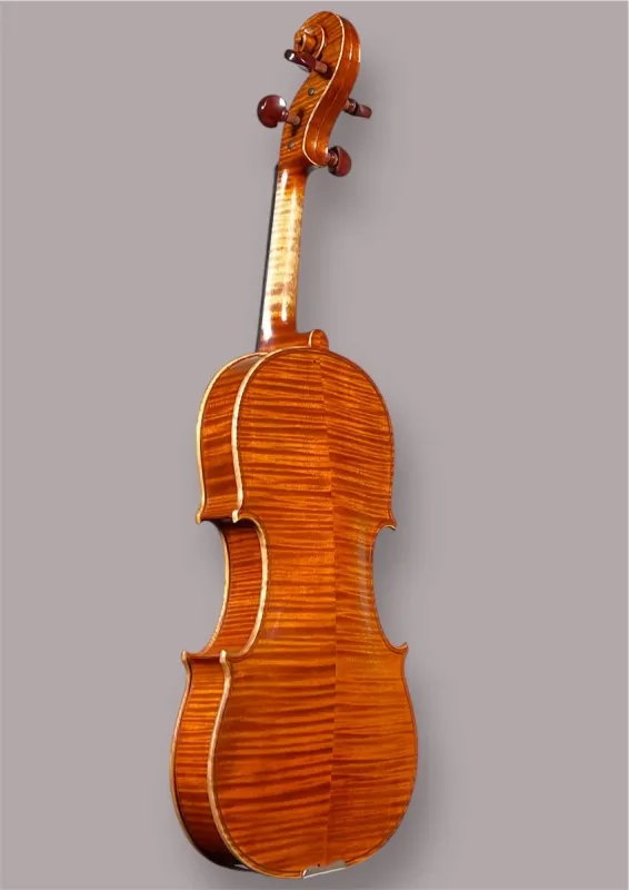 Rueck-Seitenansicht einer Kalas Csaba Meister Geige (Violine) GUARNERI OLE BULL Modell gebaut 2020