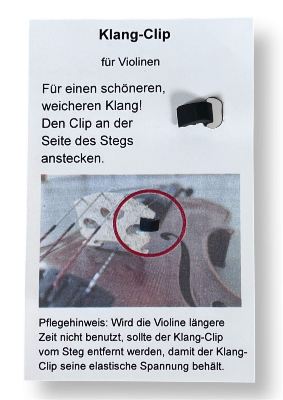 Preview: Klang-Clip zur Verbesserung des Violin-Klangs - auf dem Steg montiert, Verpackung