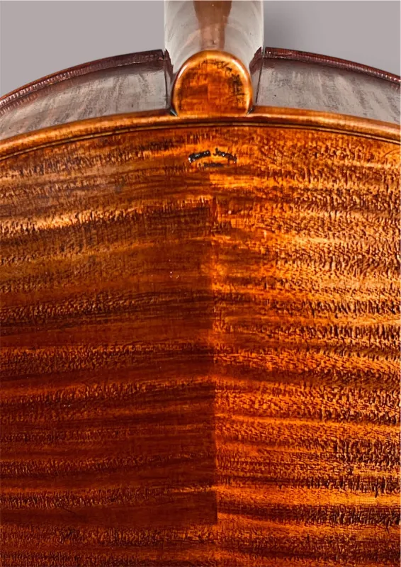 Konzertcello 2025 von Simon Joseph (Reghin), Goffriller-Modell – Brandstempelansicht