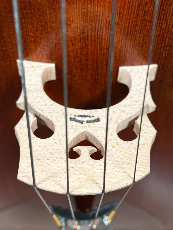 Konzertcello 2025 von Simon Joseph (Reghin), Goffriller-Modell – Stegansicht