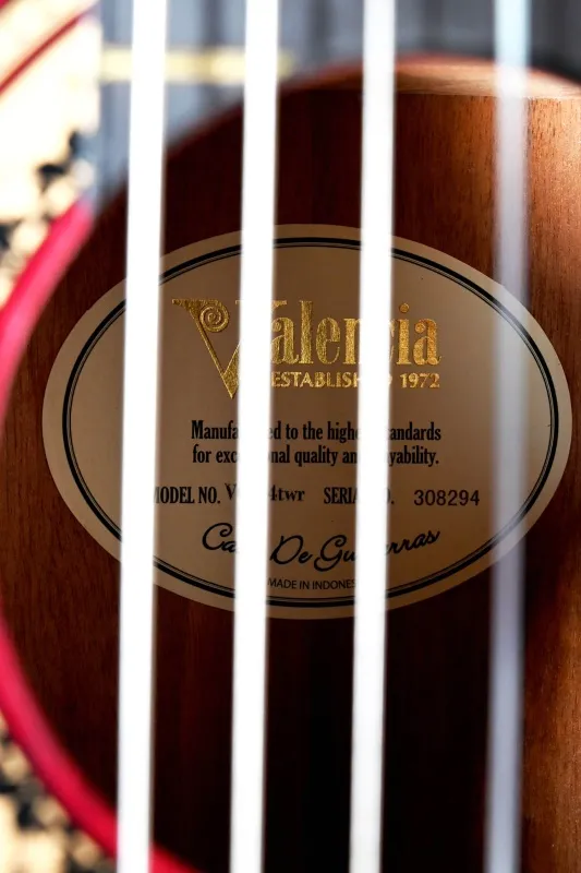 Etikett-Detailansicht einer VALENCIA VC204TWR 4/4 Konzertgitarre (Klassische Gitarre) Modell Transparent Rot