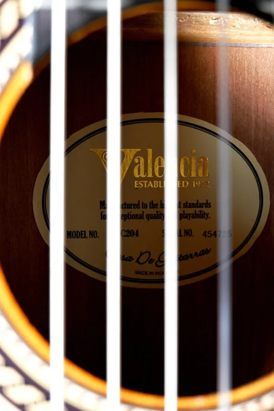 Etikett-Detailansicht einer VALENCIA VC204 4/4 Konzertgitarre (Klassische Gitarre) Modell Antique Natural
