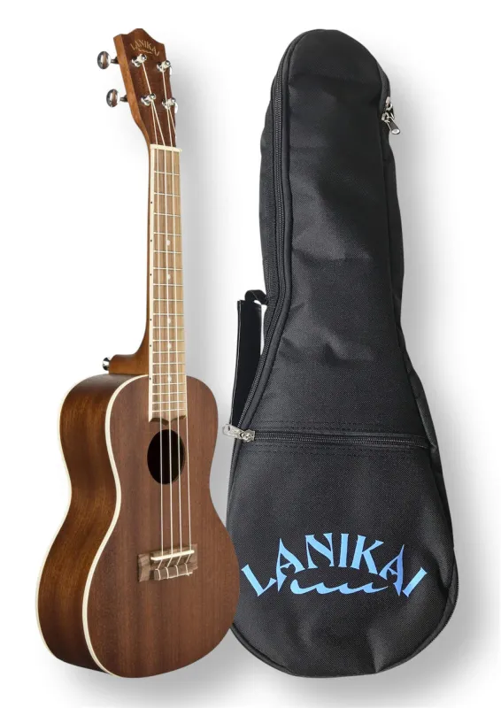 LANIKAI Mahogany Series Konzertukulele – Seitenansicht mit Tasche