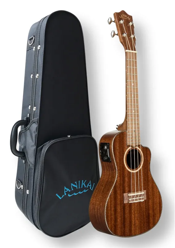 LANIKAI MAS-CEC Konzertukulele Solid Mahogany – Seitenansicht mit Softcase