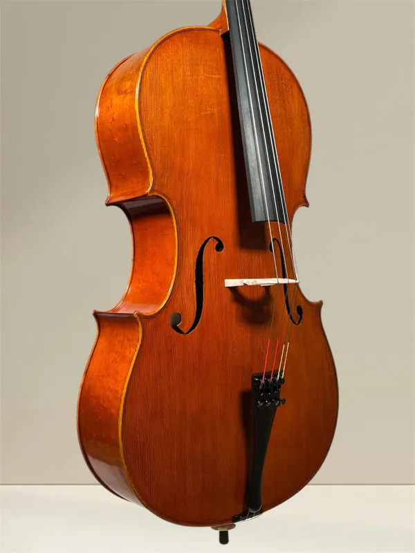 Nagy Karoly 4/4 Cello Modell Stradivarius – 2024, handgefertigt in Reghin, Siebenbürgen. Das Cello zeigt eine feine Spiritus-Handlackierung, massiven Vogelaugen Ahorn und eine ausgesuchte Fichtendecke, die für außergewöhnlichen Klang in allen Registern so