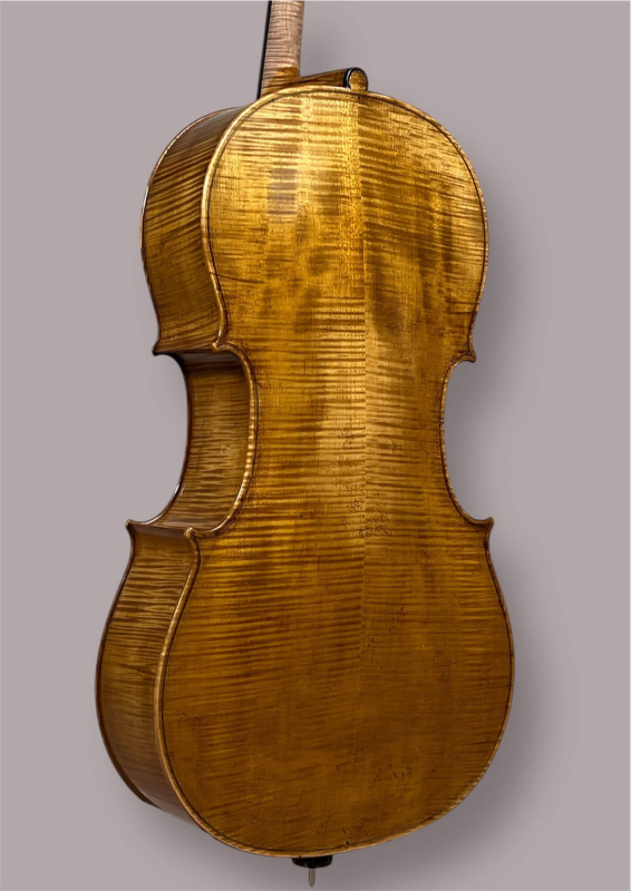 Preview: Stoica Alin 4/4 Linkshänder Cello (2023) Stradivarius Modell – Bodenansicht seitlich