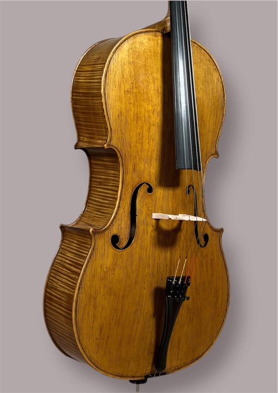Preview: Stoica Alin 4/4 Linkshänder Cello (2023) Stradivarius Modell – Deckeansicht seitlich