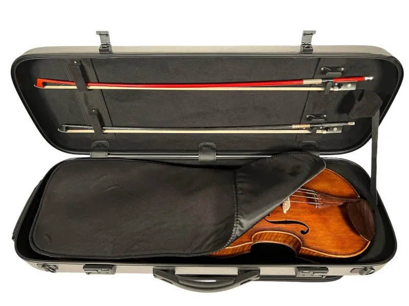 Detailansicht geöffnet mit Inhalt-Beispiel abgedeckt eines Petz Viola (Bratsche) rechteckig Etuis CF502-GR in der Farbe außen silber