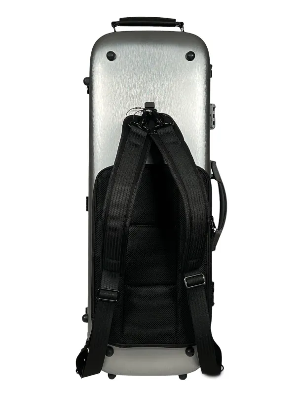 Detailansicht von hinten, mit Rucksackgurte eines Petz Viola (Bratsche) rechteckig Etuis CF502-GR in der Farbe außen silber