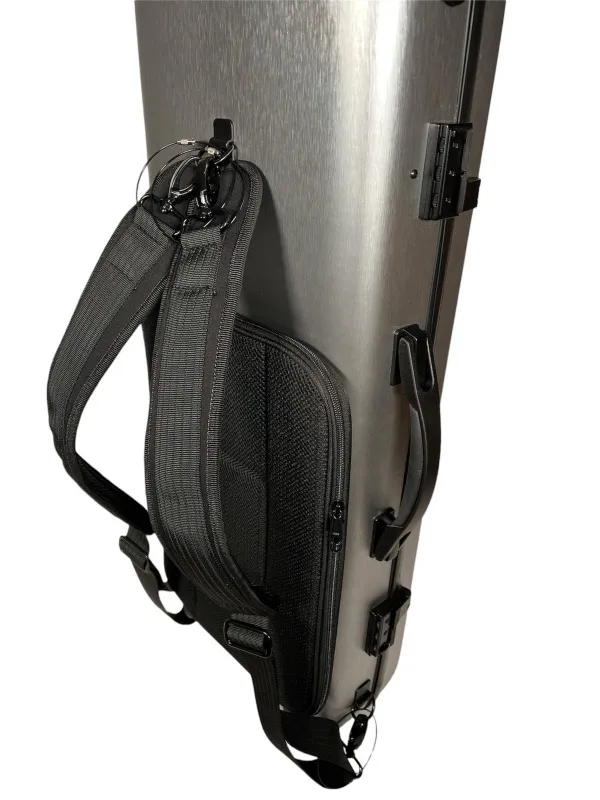Detailansicht von oben mit Rucksackgurte eines Petz Viola (Bratsche) rechteckig Etuis CF502-GR in der Farbe außen silber