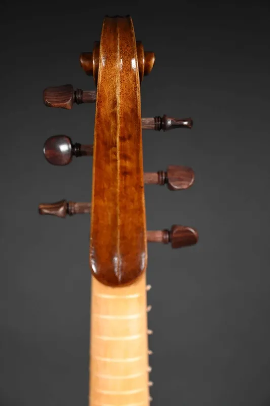 Schnecke-hinten-Detailansicht einer Orbán Zsolt Soprano Viola da Gamba (Diskant Viola da Gamba) Handarbeit aus Ungarn gebaut 2022