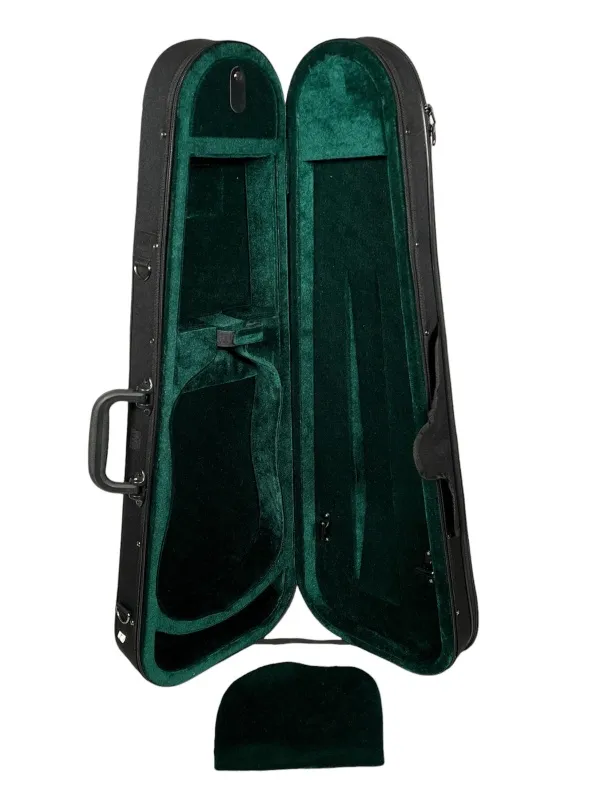 Detailansicht geöffnet eines Petz Violin (Geige) Form Etuis mit Schulterstützenfach in der Farbe außen schwarz, innen grün