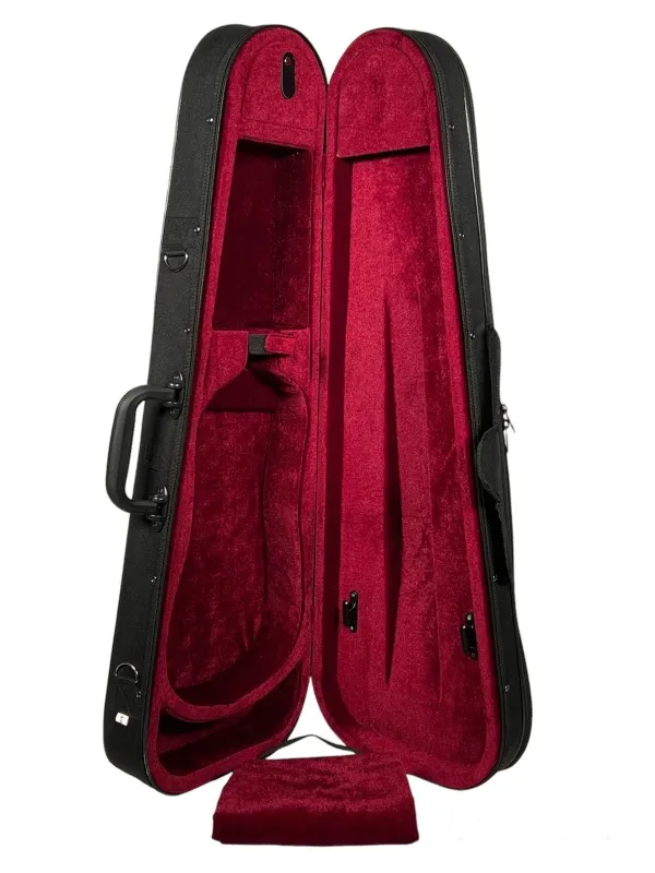 Detailansicht geöffnet eines Petz Violin (Geige) Form Etuis mit Schulterstützenfach in der Farbe außen schwarz, innen rot