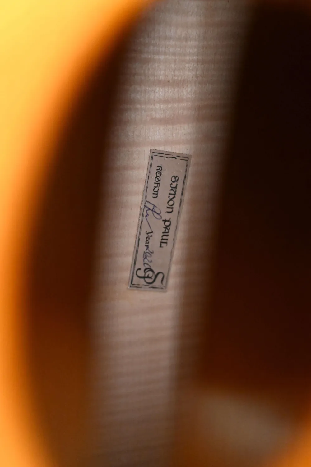 Etikettenansicht eines Simon Paul 4/4 Meister Cello (Violoncello) nach Stradivarius, Handarbeit 2020