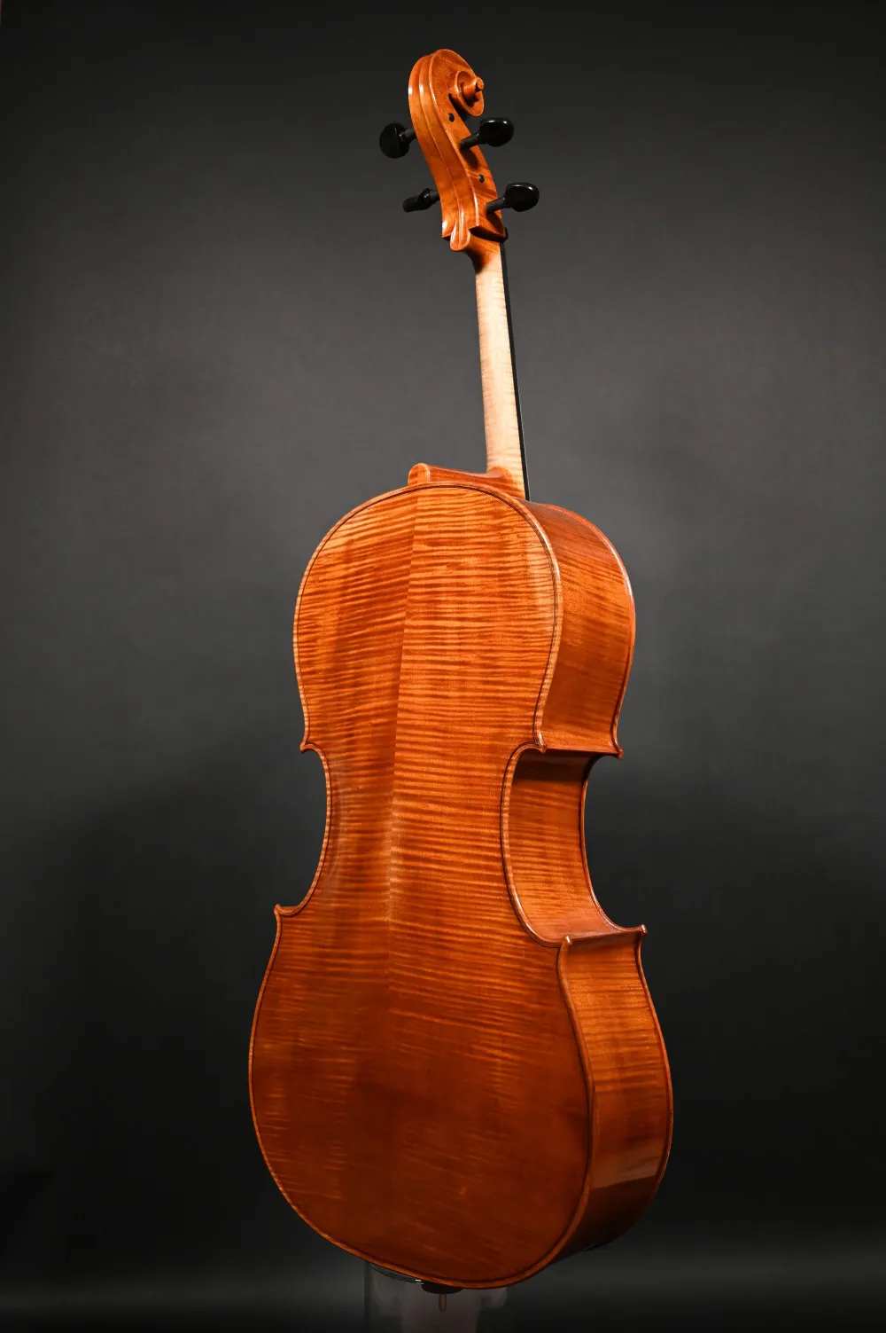 Rueck- Seitenansicht eines Simon Paul 4/4 Meister Cello (Violoncello) nach Stradivarius, Handarbeit 2020