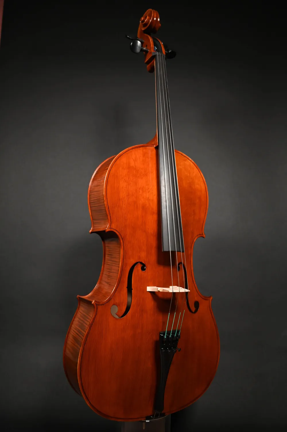 Front- Seitenansicht eines Stoica Alin 7/8 Cello (Violoncello) Handarbeit aus Siebenbürgen 2023