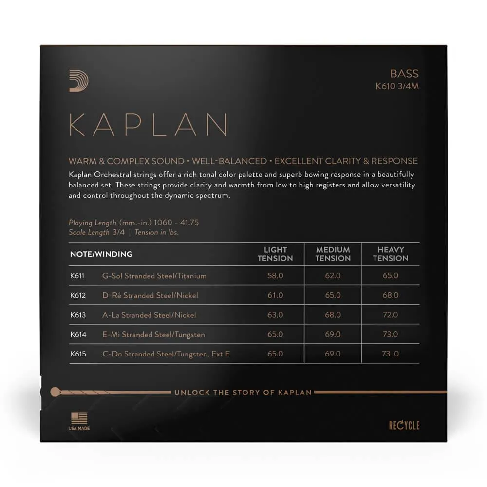 D´Addario KAPLAN 3/4 Kontrabass Medium Saiten SATZ_Stärke-Tabelle