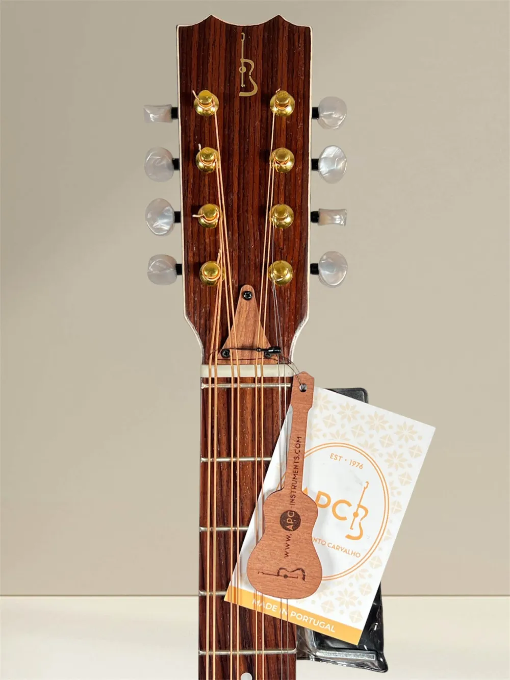 APC MOC312 Oktav-Mandoline – Vollmassiv aus Palisander und Fichte - Kopfansicht von vorne mit Logo