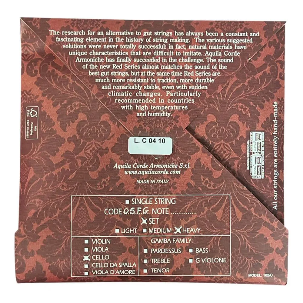 Aquila FG-Red Cello Saitensatz 05FG – synthetisch, Superior Tension - Verpackung Rückseite