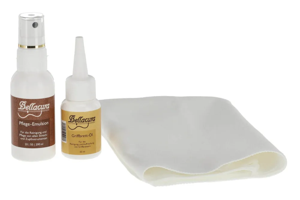 Inhalt Bellacura GEWA Pflegeset: Pflege-Emulsion, Griffbrettöl und Mikrofasertuch