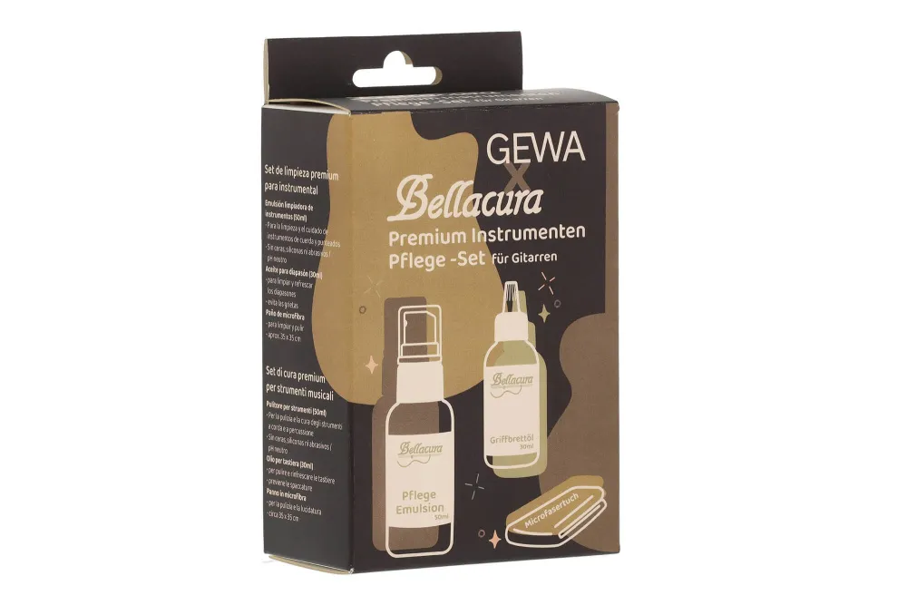 Inhalt Bellacura GEWA Pflegeset: Pflege-Emulsion, Griffbrettöl und Mikrofasertuch - Verpackungansicht von vorne