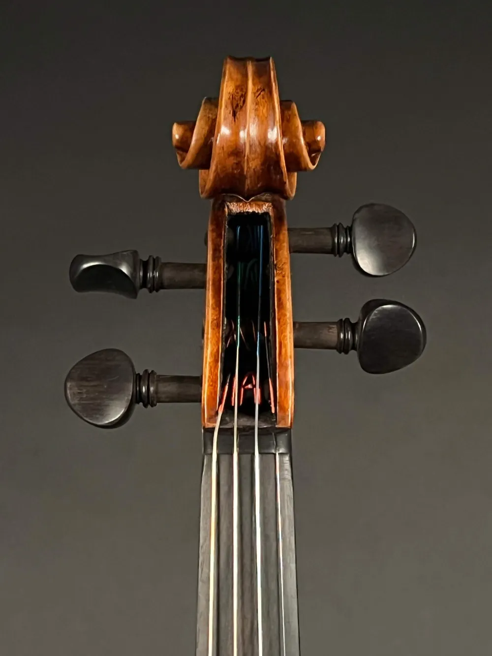 Schnecke-vorne-Detailansicht einer Butiu Cornel \"die Bottega\" Geige (Violine) Handarbeit 2022