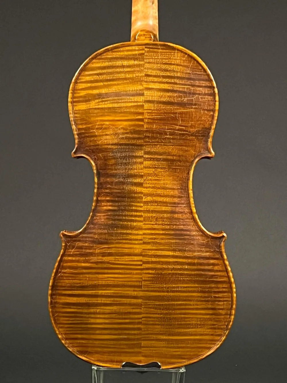 Boden-Detailansicht einer Simon Joseph Meister Geige (Violine) Stradivarius Modell Handarbeit 2016