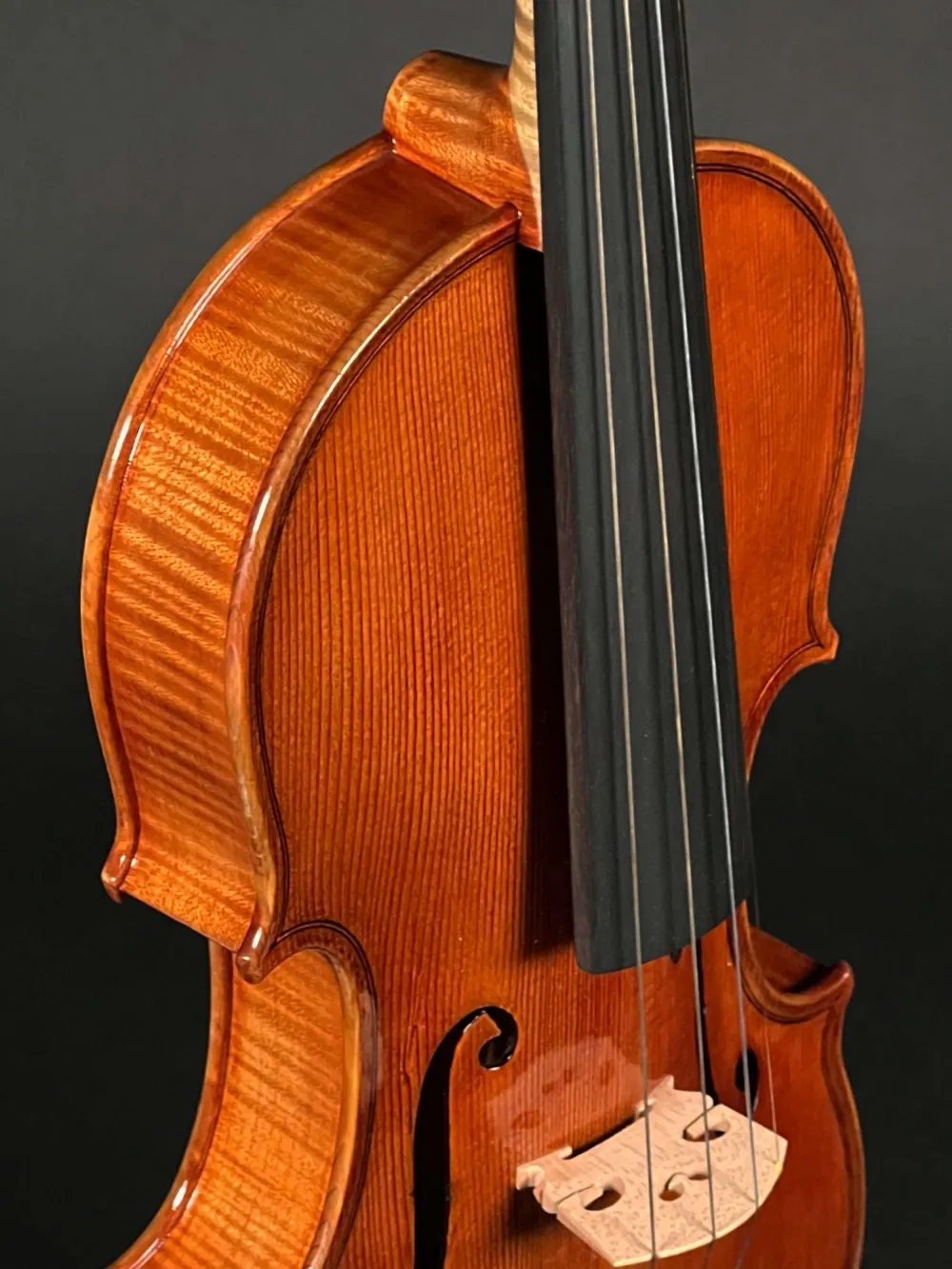 Halsansicht-vorne-Detailansicht einer Simon Joseph Meister Geige (Violine) Guarneri Modell Handarbeit 2020