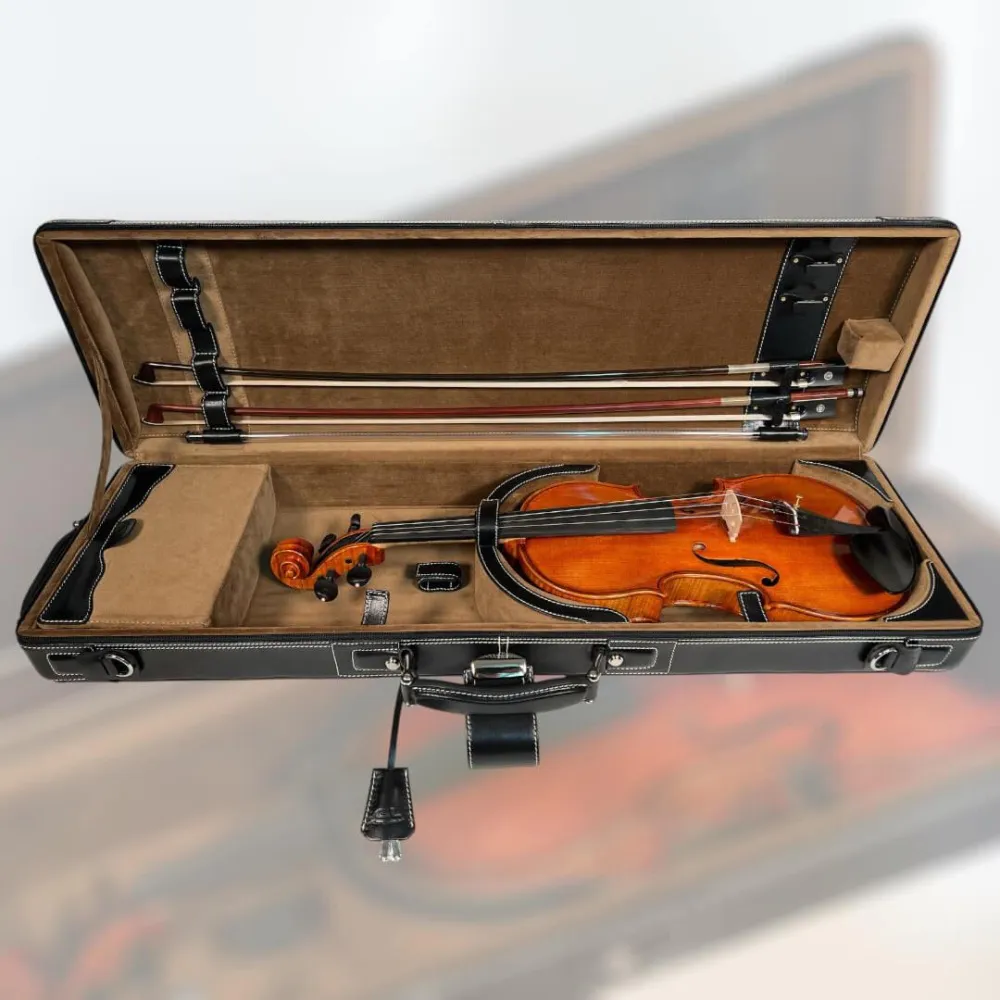 Exklusives GL-Lederetui für Violine mit braunem Innenfutter aus Veloursstoff mit Geige