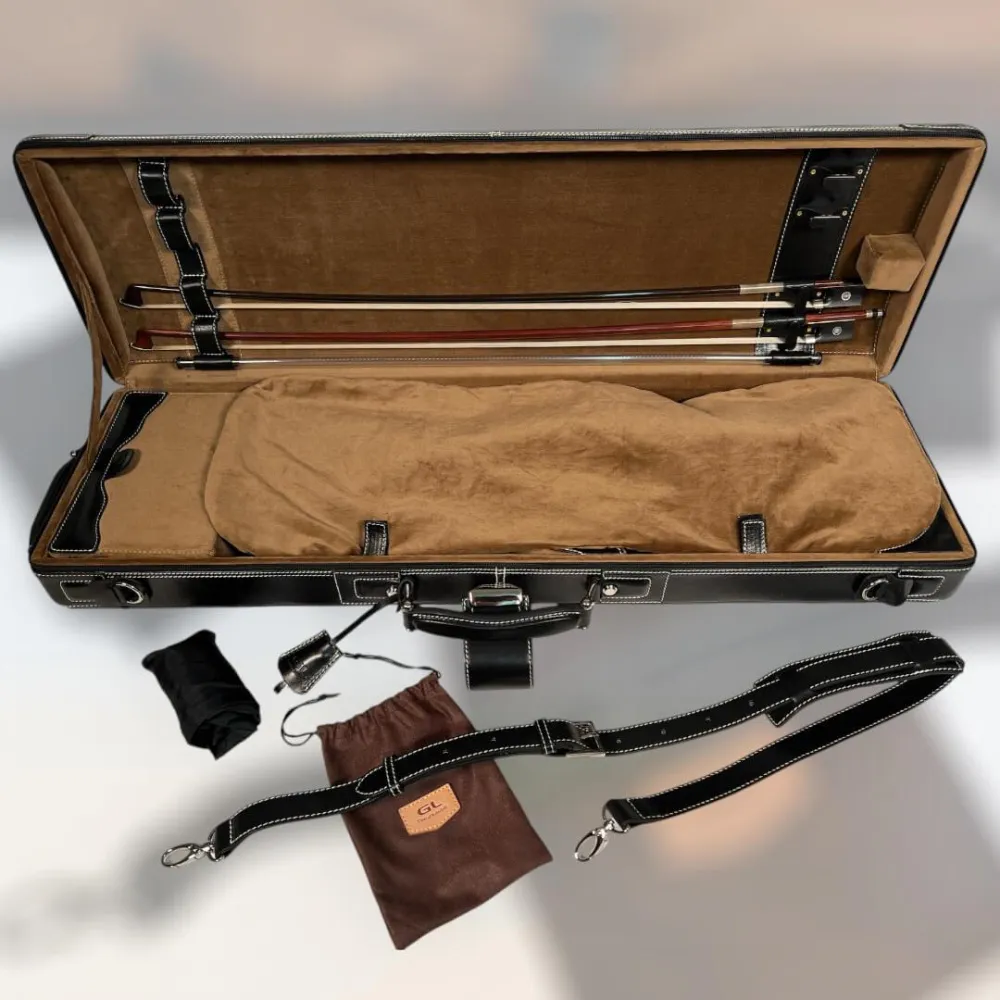 Exklusives GL-Lederetui für Violine mit braunem Innenfutter aus Veloursstoff mit Geige zugedeckt und Zubehör