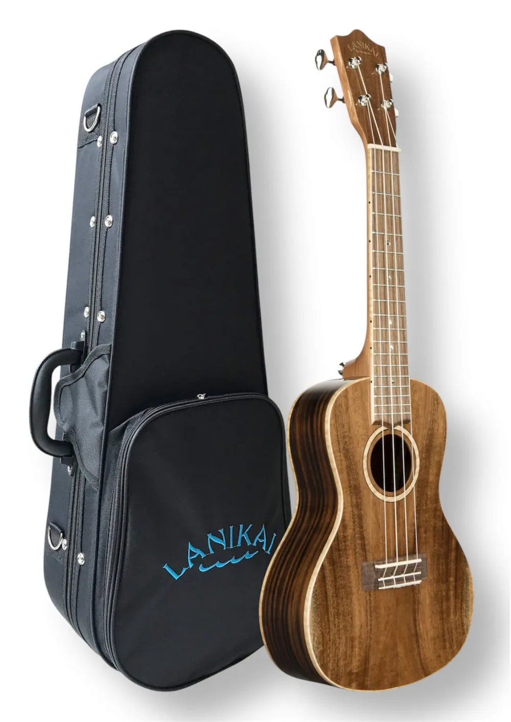 LANIKAI All Solid Acacia Konzertukulele – Seitenansicht mit Softcase