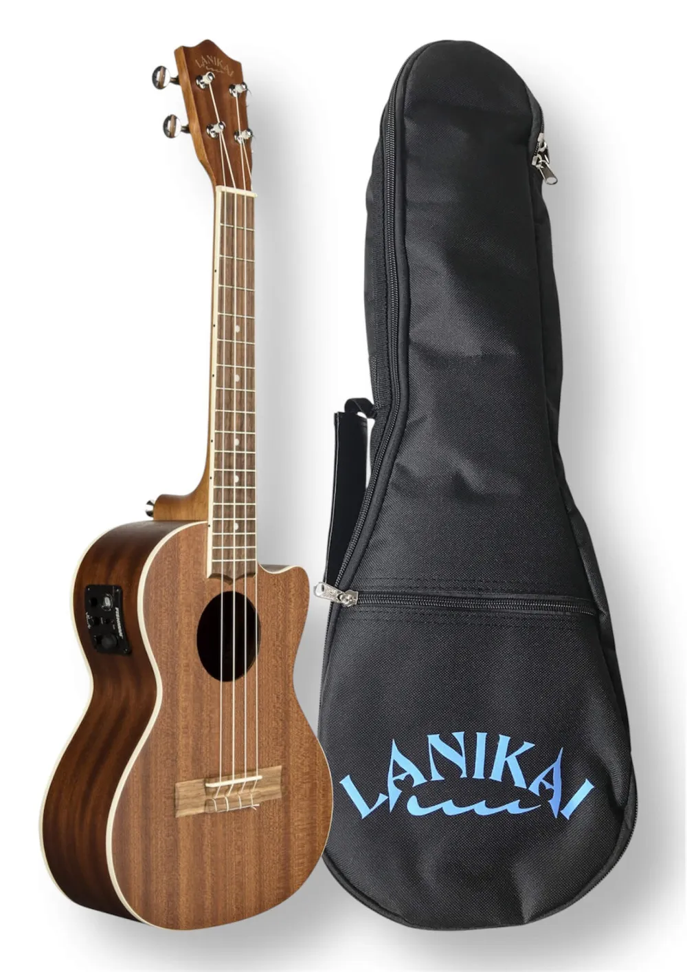 LANIKAI MA-CET Mahogany Tenorukulele mit Cutaway und Fishman Preamp – Seitenansicht mit Tasche