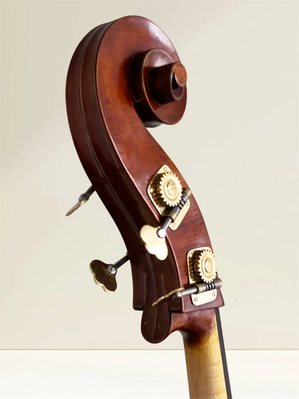 Pop Dumitru 3/4 Konzert-Kontrabass, Corsini Modell, gebaut 2025 – Schneckeansicht hinten, seitlich
